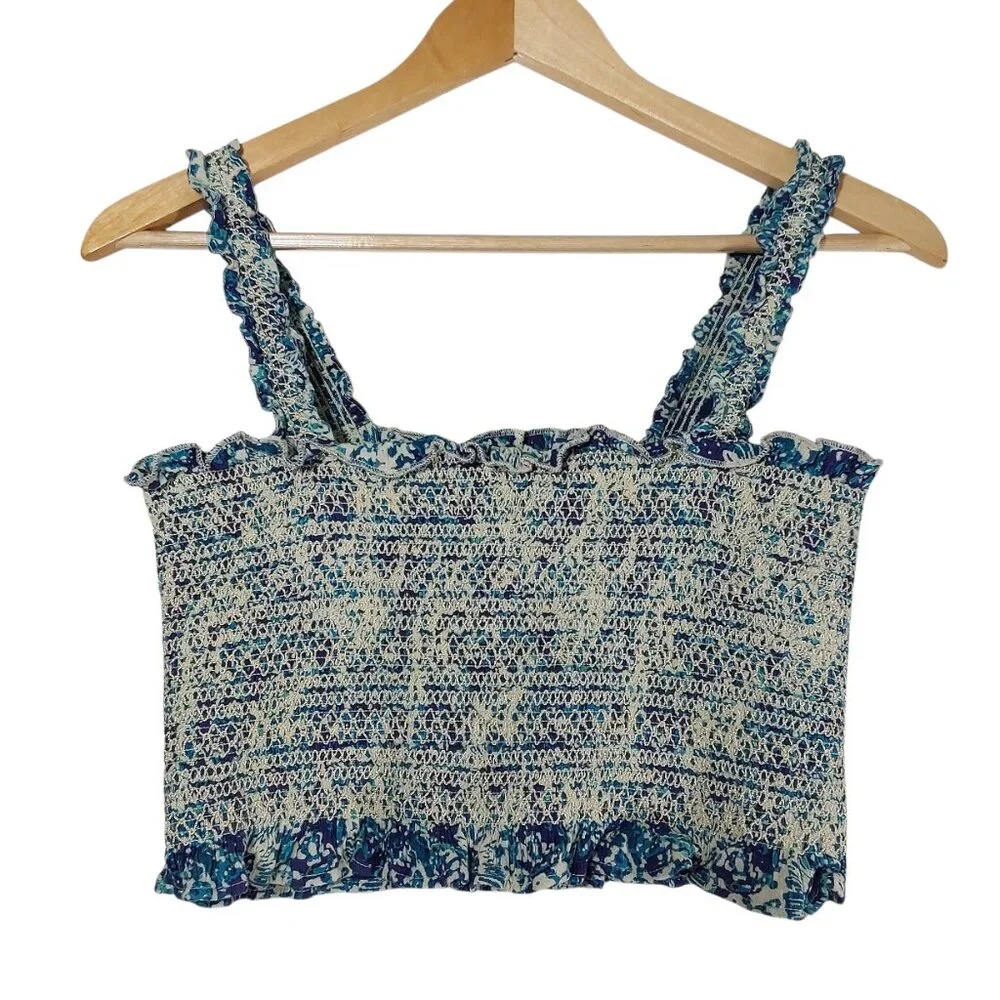 Free People Thalia Ruched Crop Top Sleeveless Square Neck Blue Purple Print - L